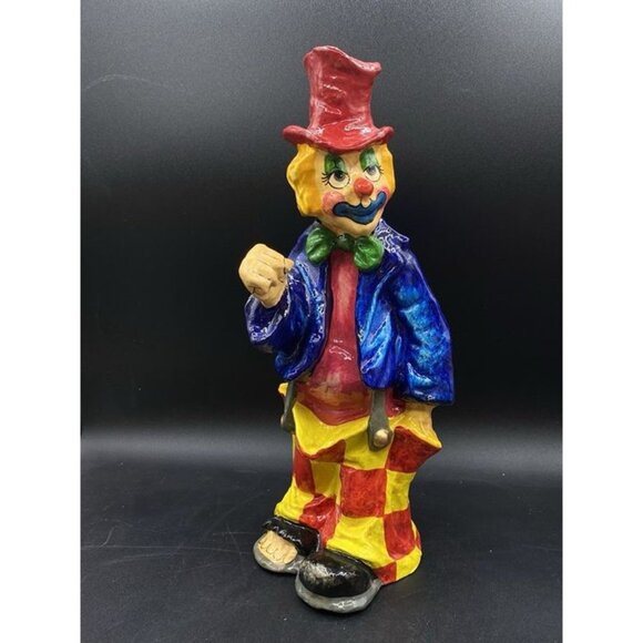 Paper Mache Beautiful Colorful 13" tall Clown Figurine Toes Showing